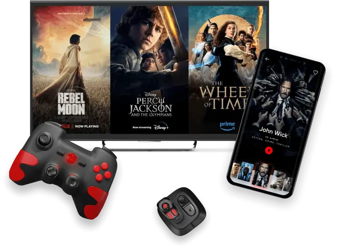 Smart TV streaming movies on screen with game controller